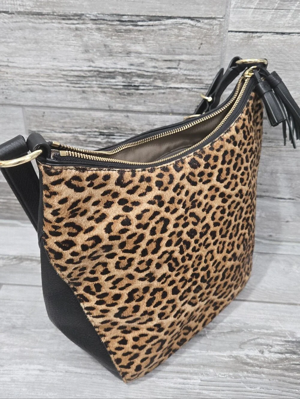 TALBOTS Animal/Leopard Print Calf Hair Pebbled Leather Hobo Style Handbag
